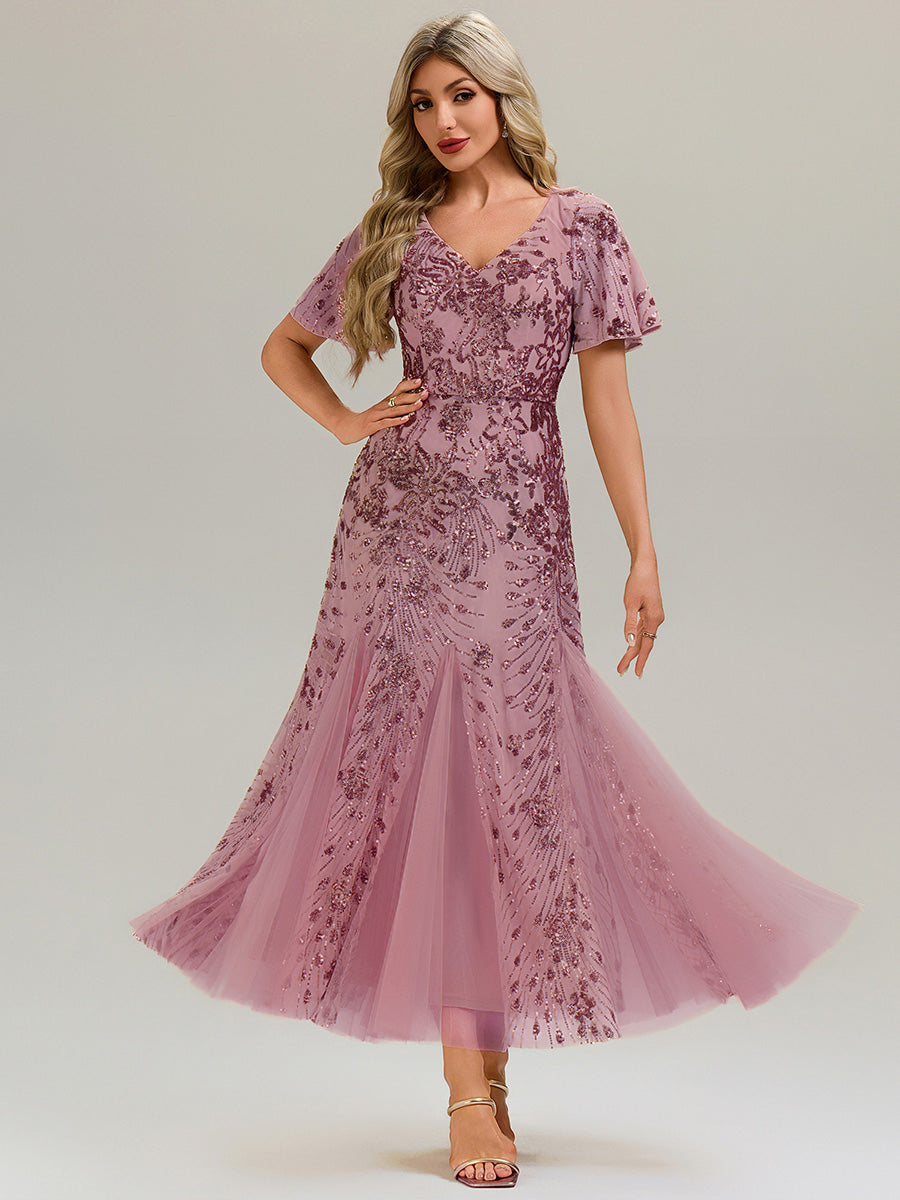 Embroidered Sequin Ruffle Sleeve Evening Dress #color_Purple Orchid