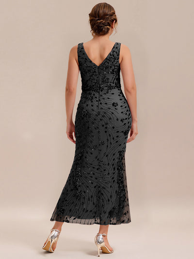 Plus Size Knotted Sequin Evening Dress #color_Black