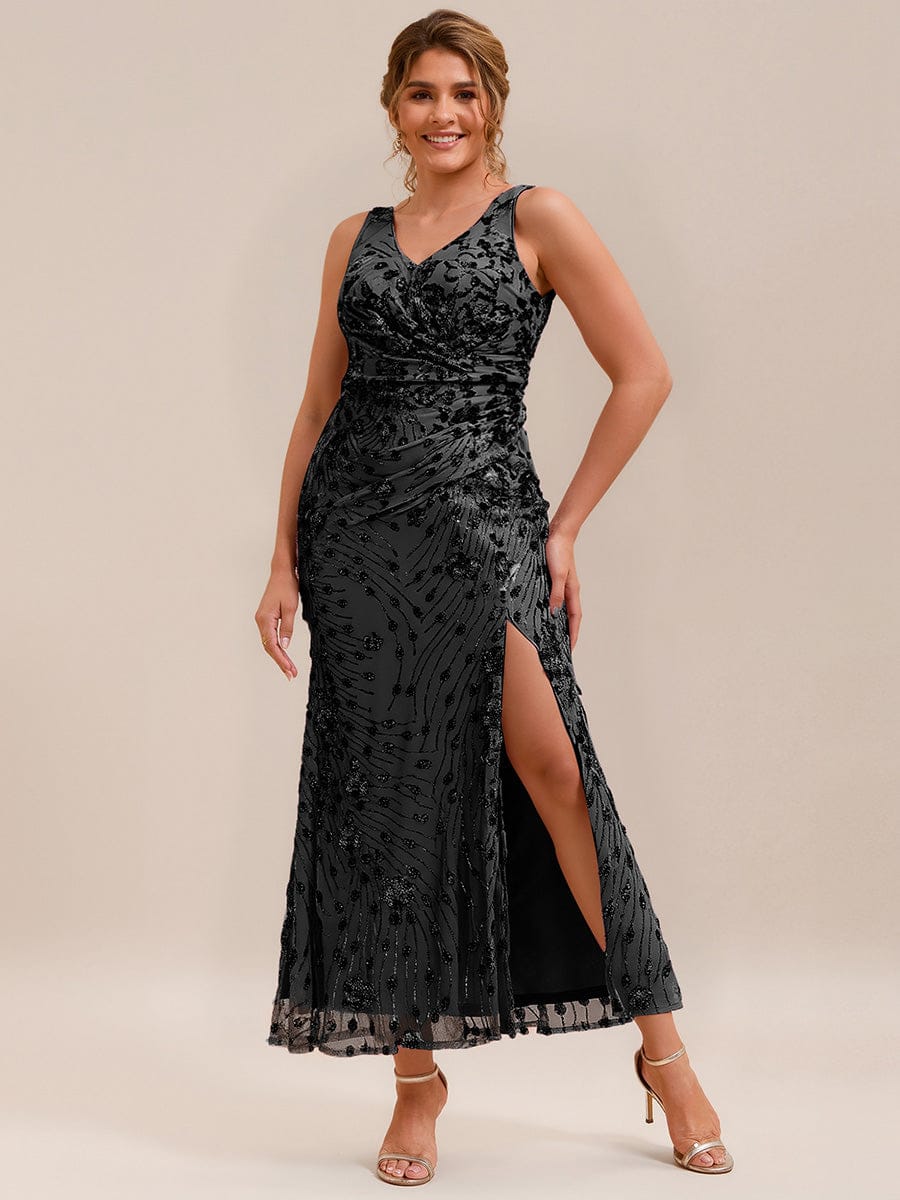 Bodycon Sequin Slit Wedding Guest Dress #color_Black