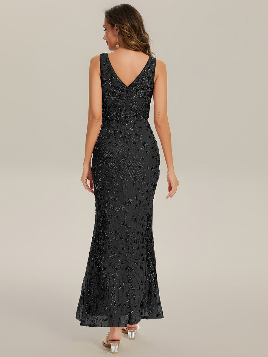 Knotted Sequin Sleeveless Bodycon Evening Dress #color_Black