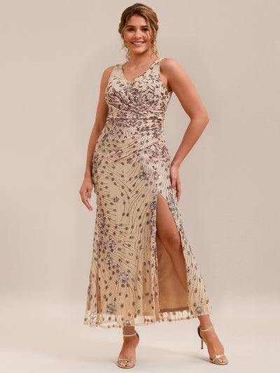 Plus Size Knotted Sequin Evening Dress #color_Gold