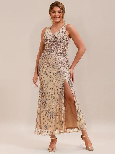 Plus Size Bodycon Sequin Slit Wedding Guest Dress #color_Gold