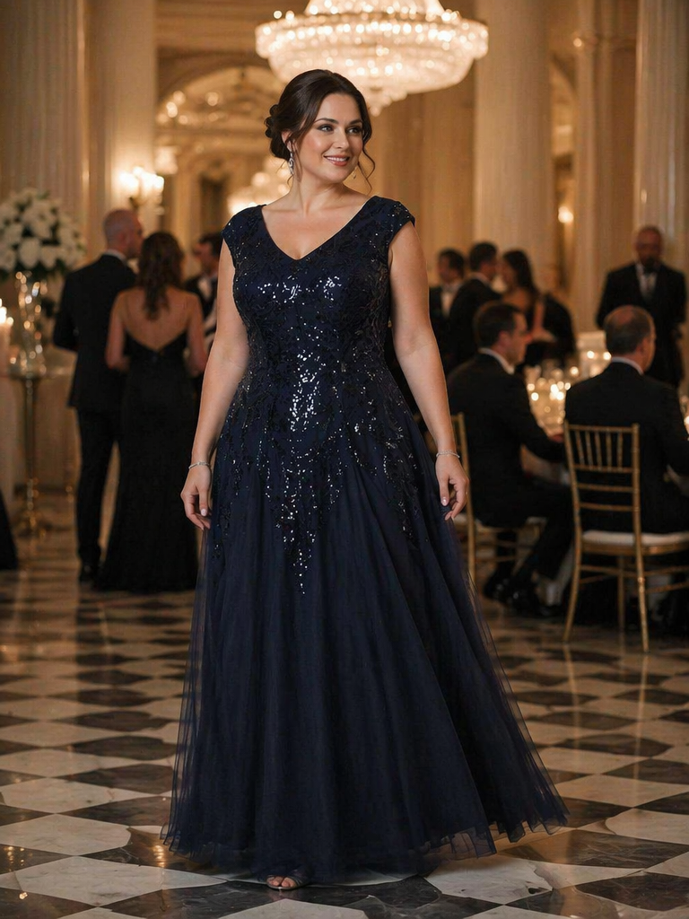 Plus Size Glitter High Stretch Cap Sleeve Tulle Mother of the Bride Dress #color_Black