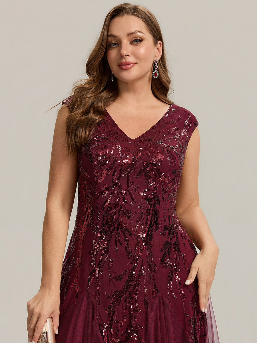 Plus Size Glitter High Stretch Cap Sleeve Tulle Mother of the Bride Dress #color_Burgundy