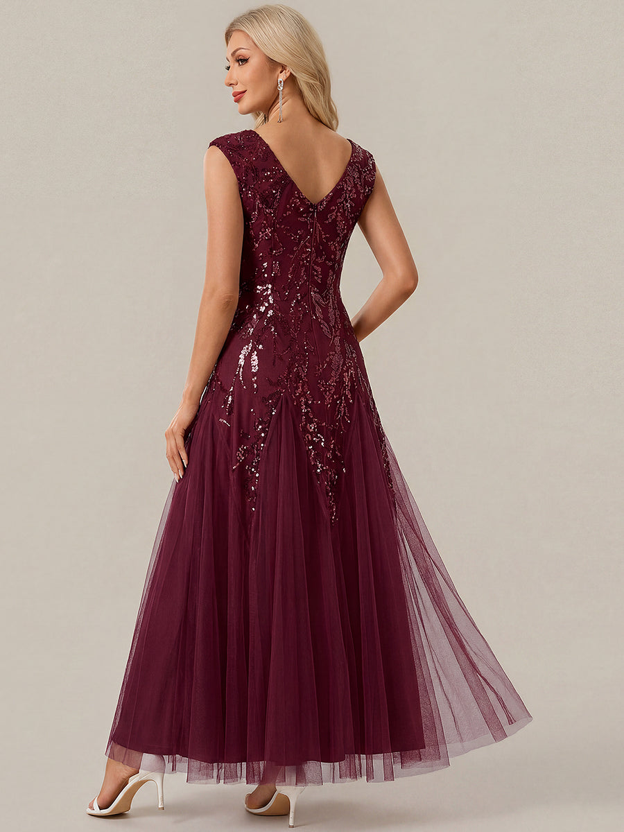 Glitter Embroidered Cap Sleeve High Stretch Mother of the Bride Dress #color_Burgundy