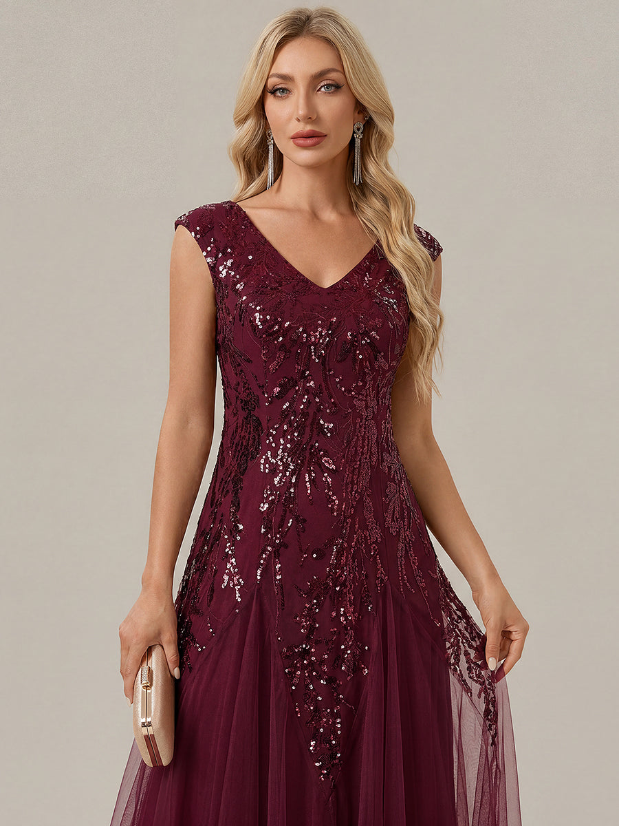 Glitter Embroidered Cap Sleeve High Stretch Mother of the Bride Dress #color_Burgundy