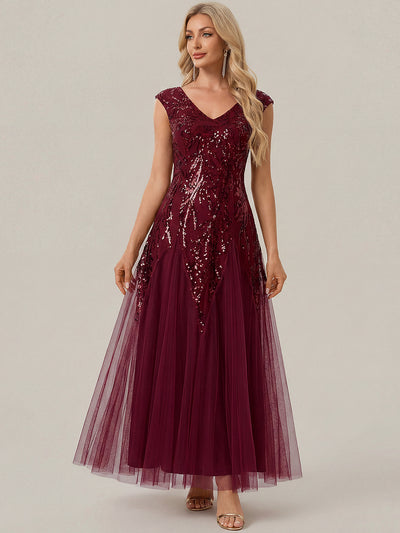 ever FREYA|Embroidered Sequin Cap Sleeve High Stretch Evening Dress
