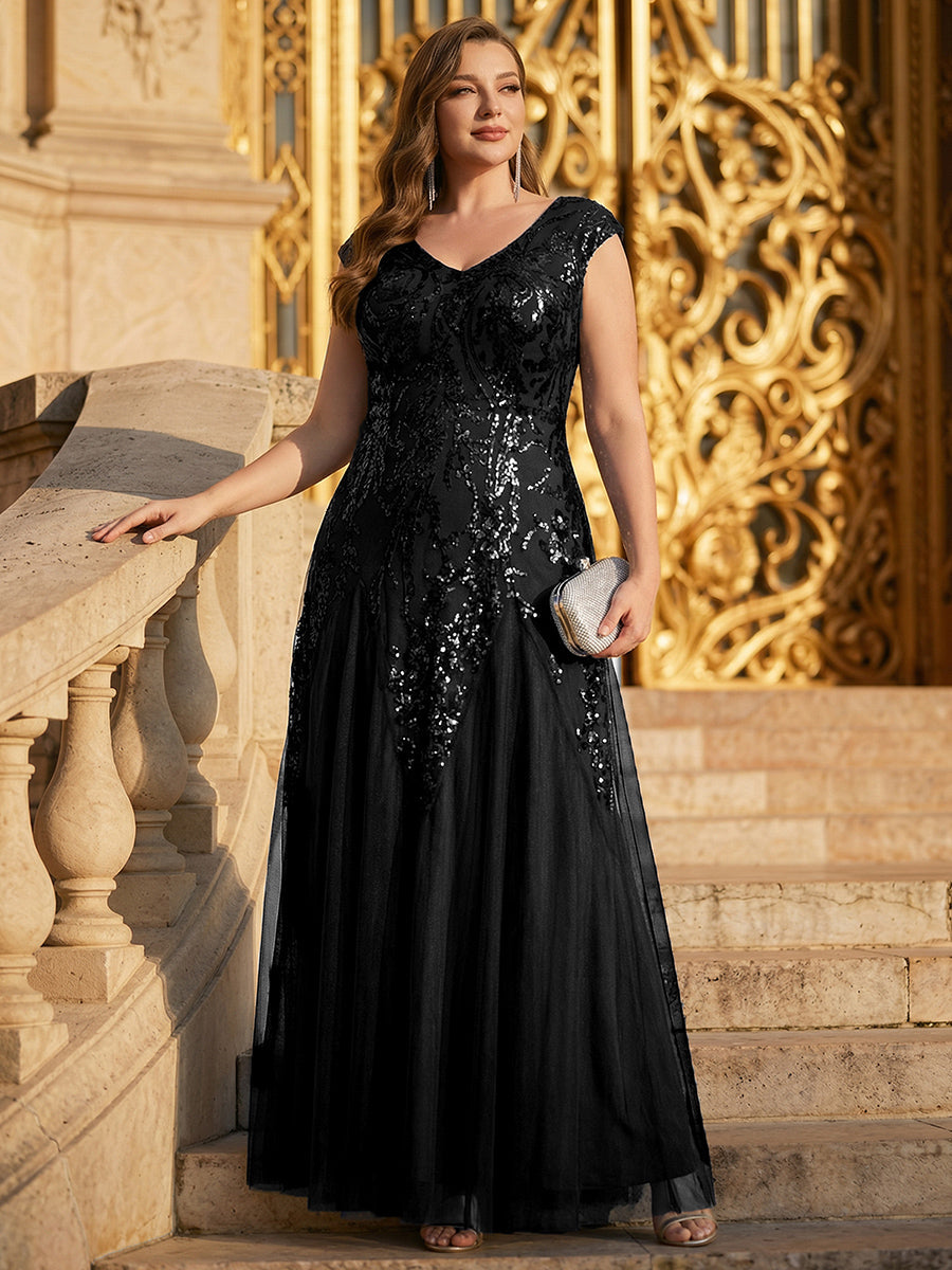 Plus Size Sequin V Neck Cap Sleeve Tulle Formal Evening Dress #color_Black
