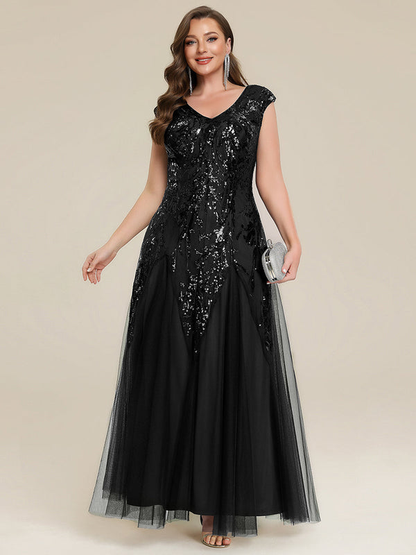 pretty FREYA|Plus Size V-Neck Sequin Cap Sleeve Tulle Formal Dress
