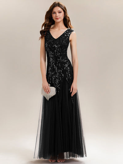 Embroidered Sequin Cap Sleeve Evening Dress #color_Black
