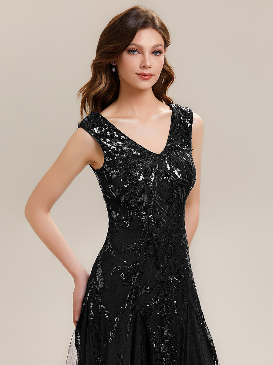 Embroidered Sequin Cap Sleeve Evening Dress #color_Black