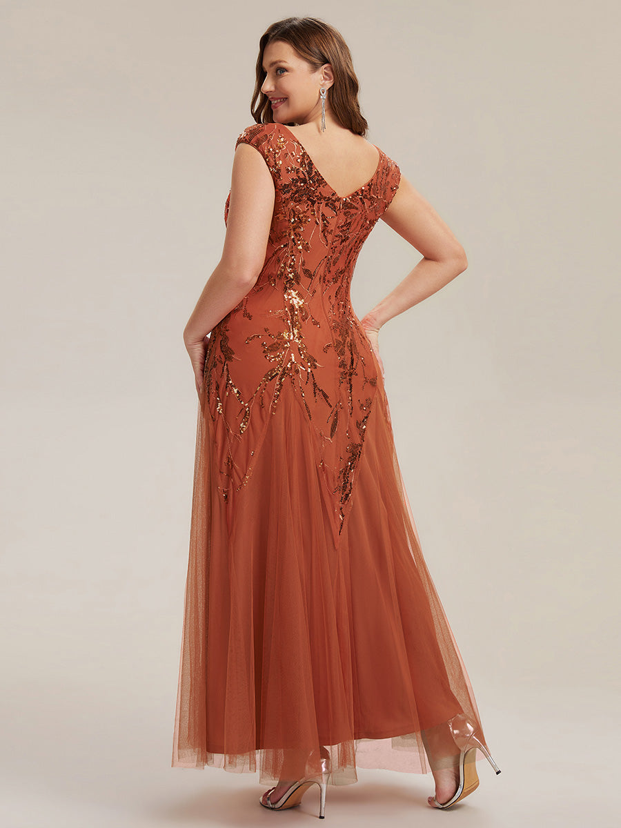 Plus Size Glitter High Stretch Cap Sleeve Tulle Mother of the Bride Dress #color_Burnt Orange