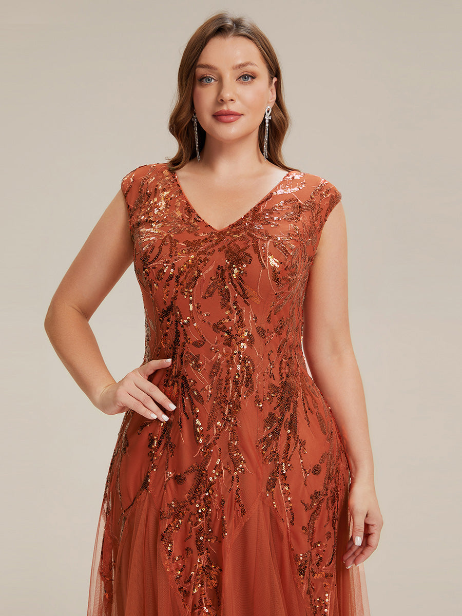 Glitter Embroidered Cap Sleeve High Stretch Mother of the Bride Dress #color_Burnt Orange