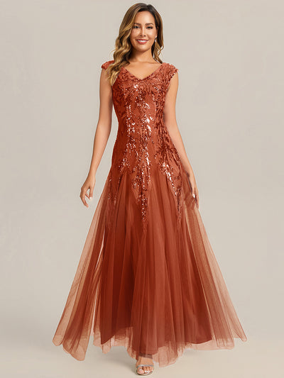 ever FREYA|Embroidered Sequin Cap Sleeve High Stretch Evening Dress