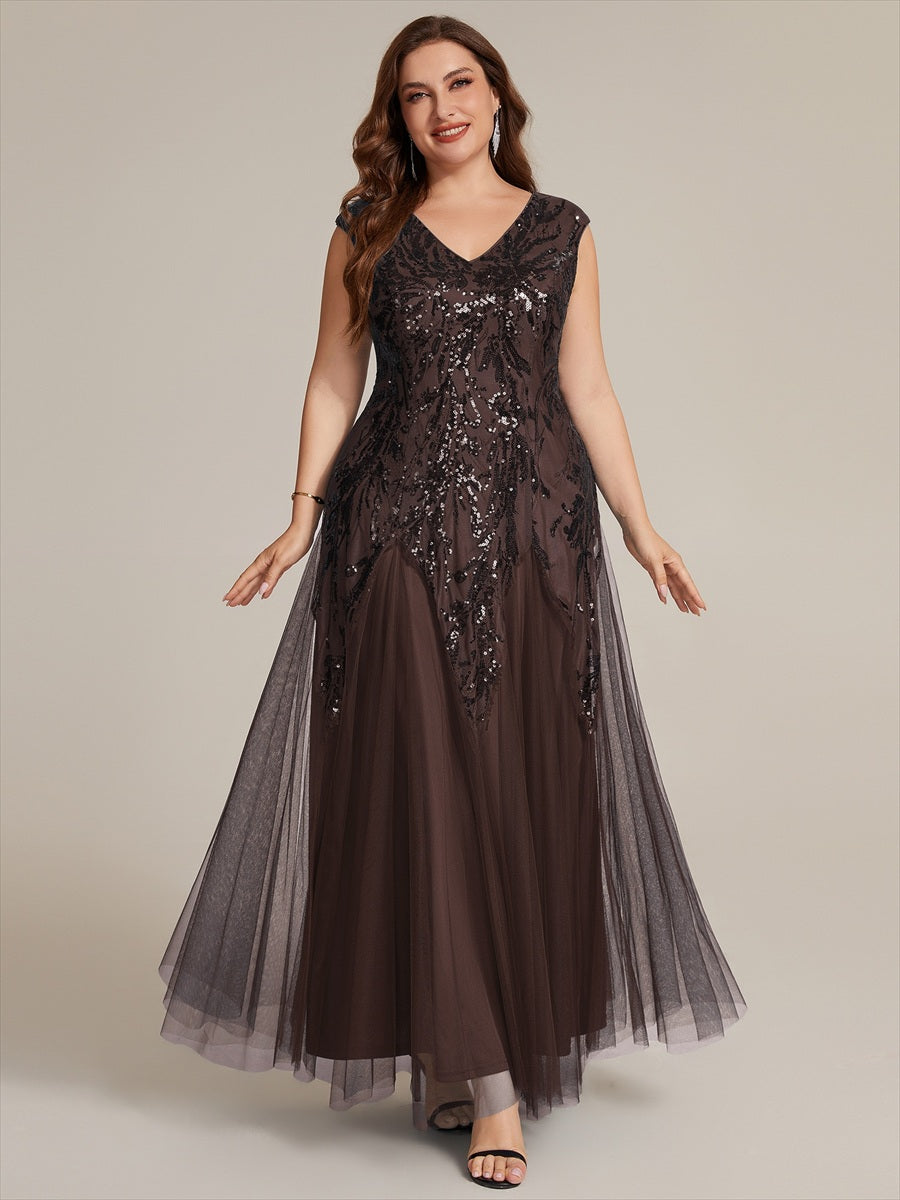 Plus Size Glitter High Stretch Cap Sleeve Tulle Mother of the Bride Dress #color_Chocolate brown