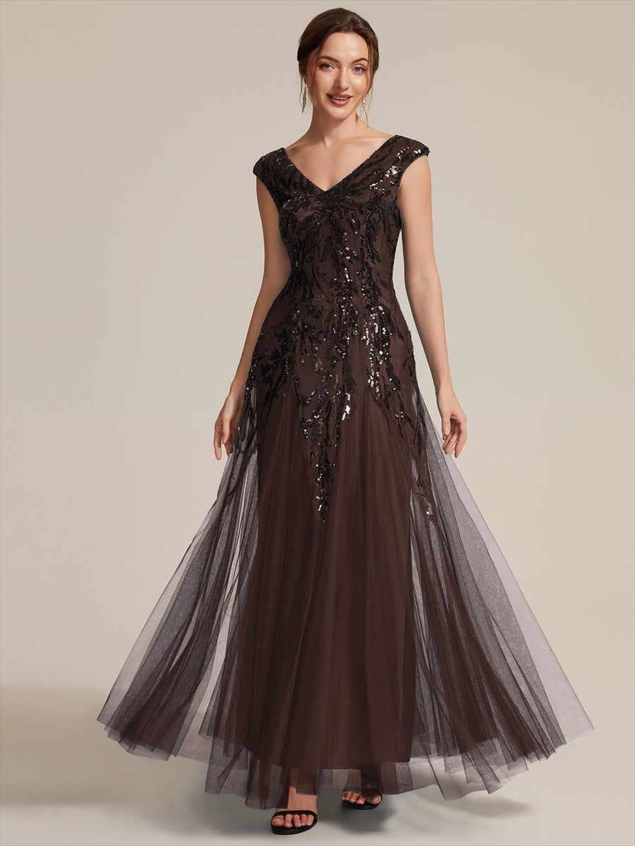 Glitter Embroidered Cap Sleeve High Stretch Mother of the Bride Dress #color_Chocolate brown