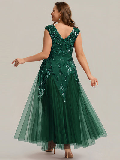 Plus Size Glitter High Stretch Cap Sleeve Tulle Mother of the Bride Dress #color_Dark Green