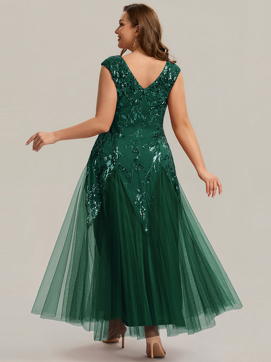 Glitter Embroidered Cap Sleeve High Stretch Mother of the Bride Dress #color_Dark Green