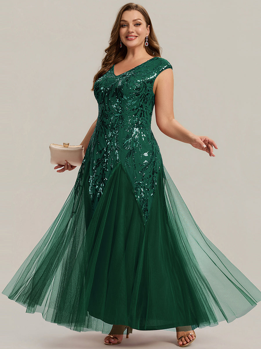 Glitter Embroidered Cap Sleeve High Stretch Mother of the Bride Dress #color_Dark Green