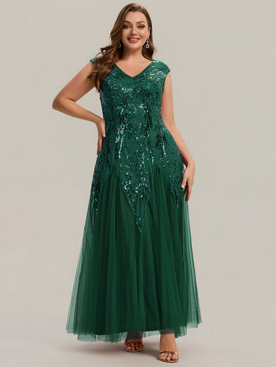 pretty FREYA|Plus Size V-Neck Sequin High Stretch Cap Sleeve Tulle Formal Dress