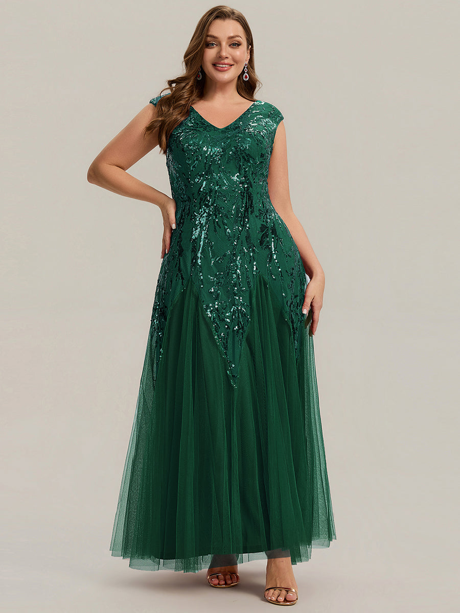 Glitter Embroidered Cap Sleeve High Stretch Mother of the Bride Dress #color_Dark Green