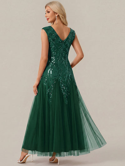 Glitter Embroidered Cap Sleeve High Stretch Mother of the Bride Dress #color_Dark Green