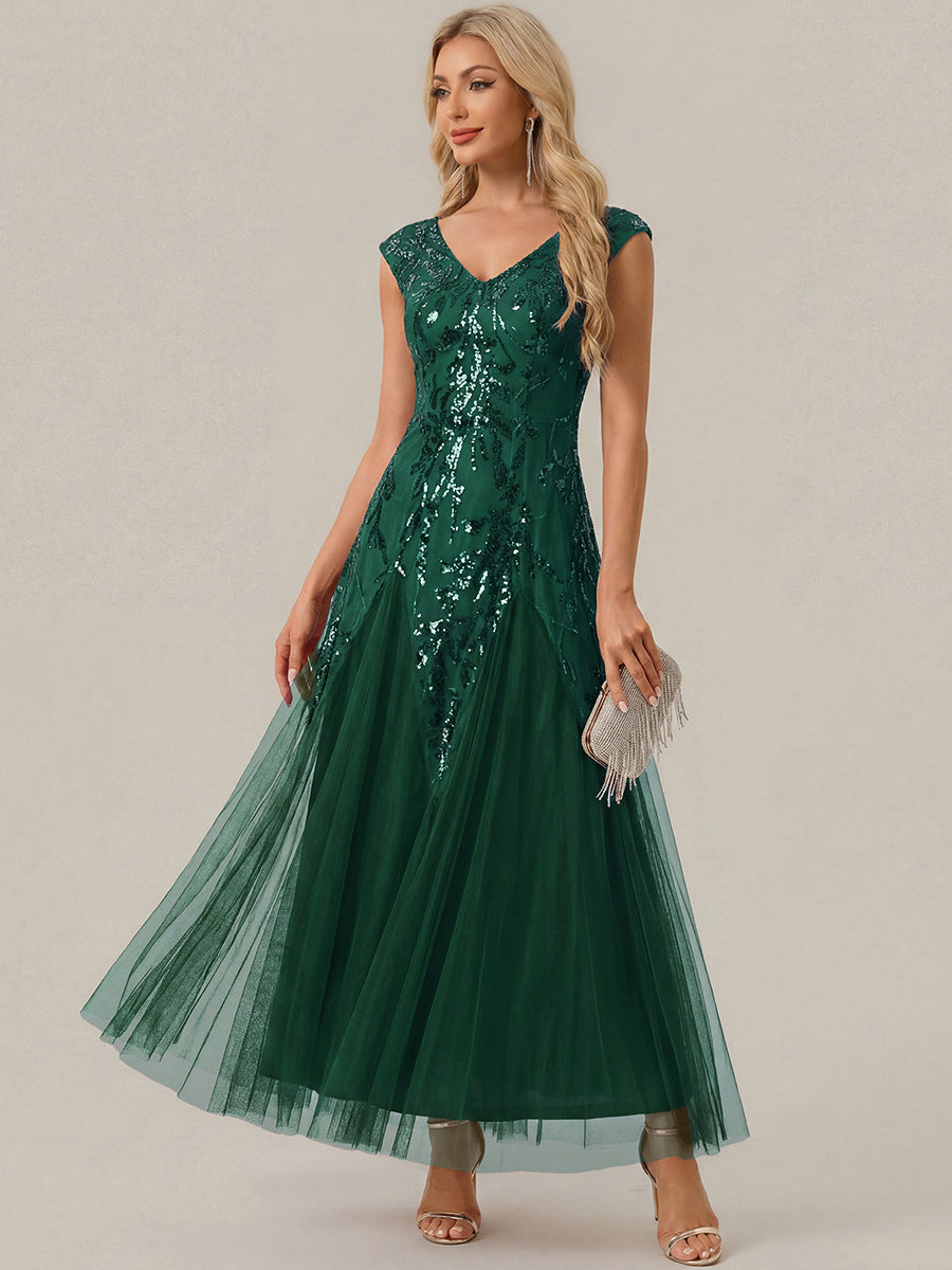 Glitter Embroidered Cap Sleeve High Stretch Mother of the Bride Dress #color_Dark Green