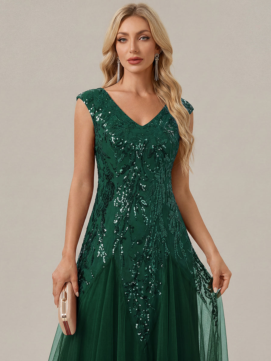 Glitter Embroidered Cap Sleeve High Stretch Mother of the Bride Dress #color_Dark Green