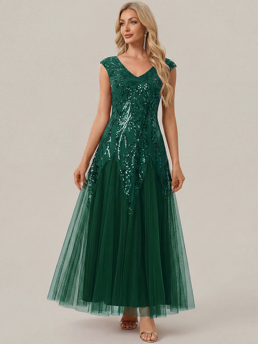 Glitter Embroidered Cap Sleeve High Stretch Mother of the Bride Dress #color_Dark Green
