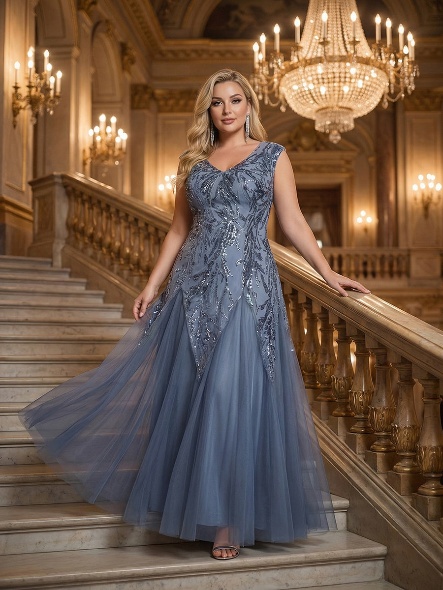 Plus Size Glitter High Stretch Cap Sleeve Tulle Mother of the Bride Dress #color_Dusty Blue