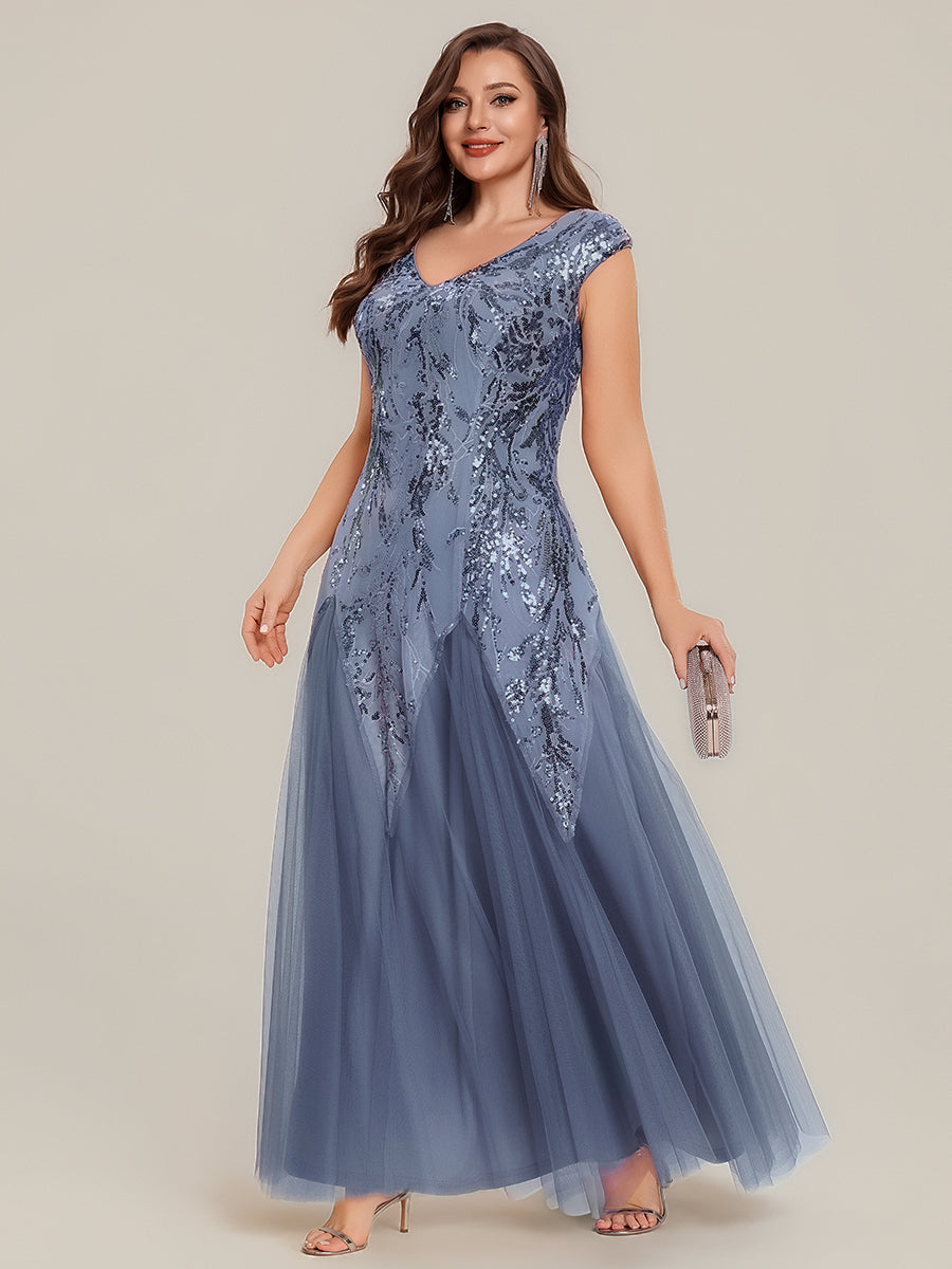 Plus Size Sequin V Neck Cap Sleeve Tulle Formal Evening Dress #color_Dusty Blue