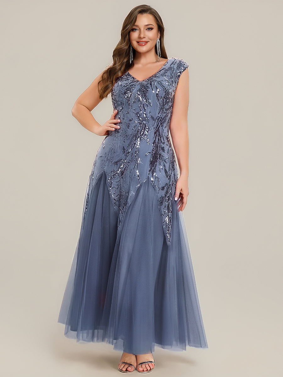 Plus Size Sequin V Neck Cap Sleeve Tulle Formal Evening Dress #color_Dusty Blue