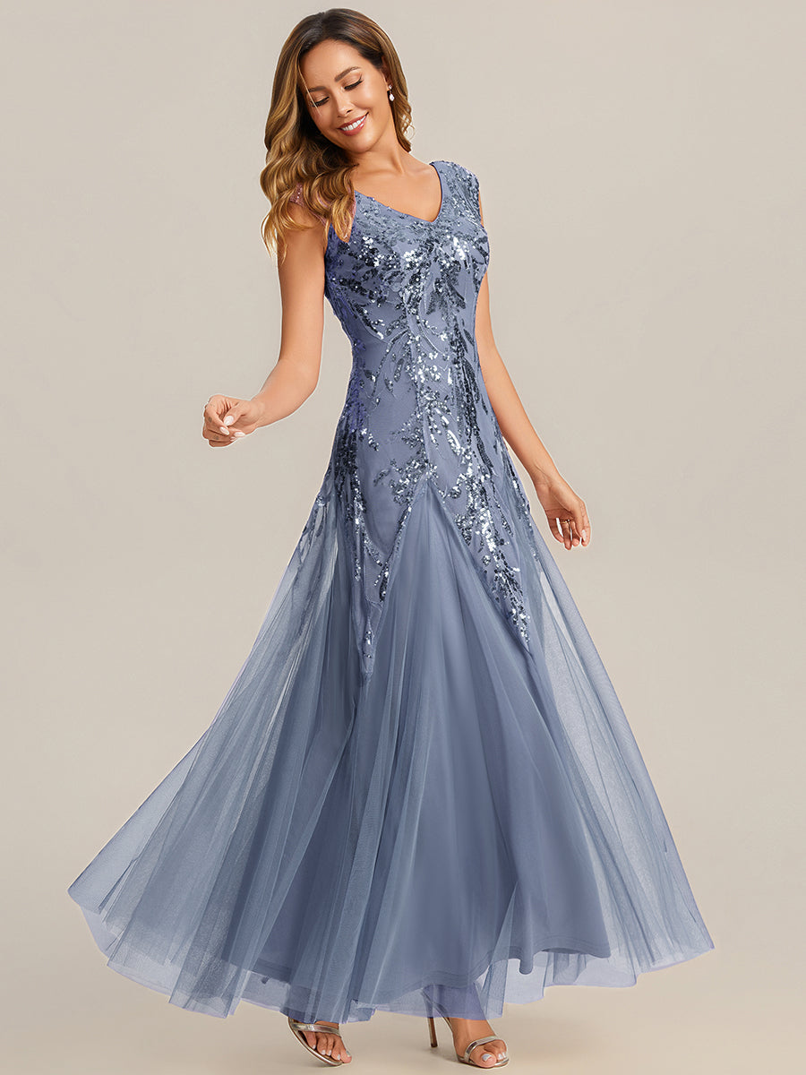 Embroidered Sequin Cap Sleeve Evening Dress #color_Dusty Blue