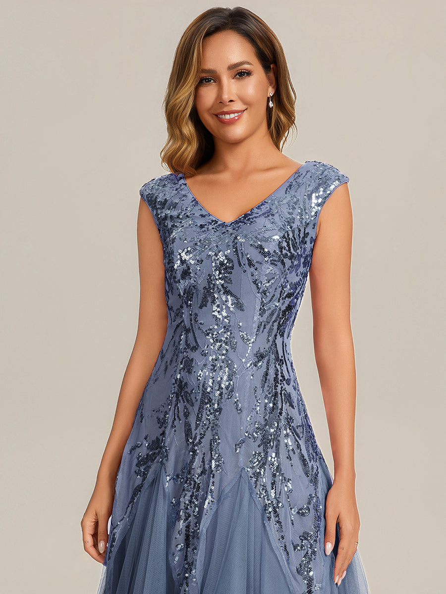 Embroidered Sequin Cap Sleeve Evening Dress #color_Dusty Blue