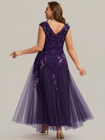 Plus Size Glitter High Stretch Cap Sleeve Tulle Mother of the Bride Dress #color_Dark Purple