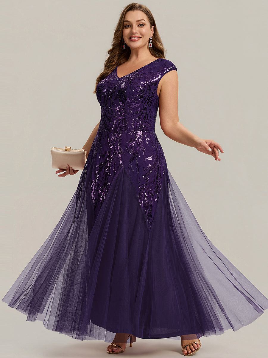 Plus Size Glitter High Stretch Cap Sleeve Tulle Mother of the Bride Dress #color_Dark Purple