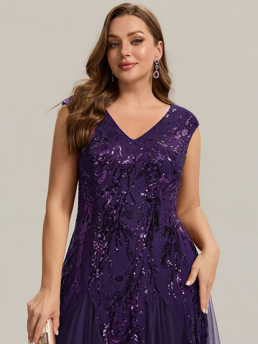 Glitter Embroidered Cap Sleeve High Stretch Mother of the Bride Dress #color_Dark Purple