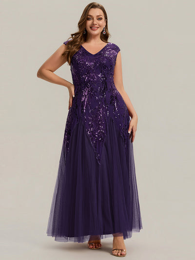pretty FREYA|Plus Size V-Neck Sequin High Stretch Cap Sleeve Tulle Formal Dress