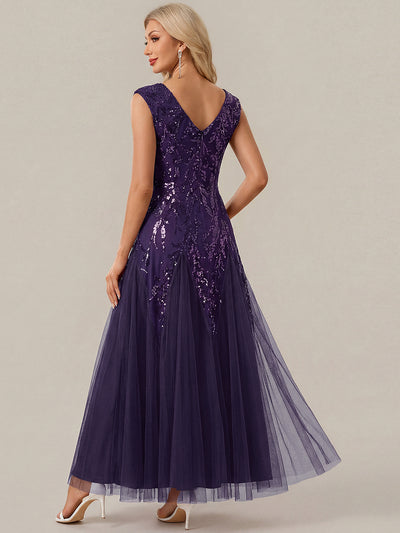 Glitter Embroidered Cap Sleeve High Stretch Mother of the Bride Dress #color_Dark Purple