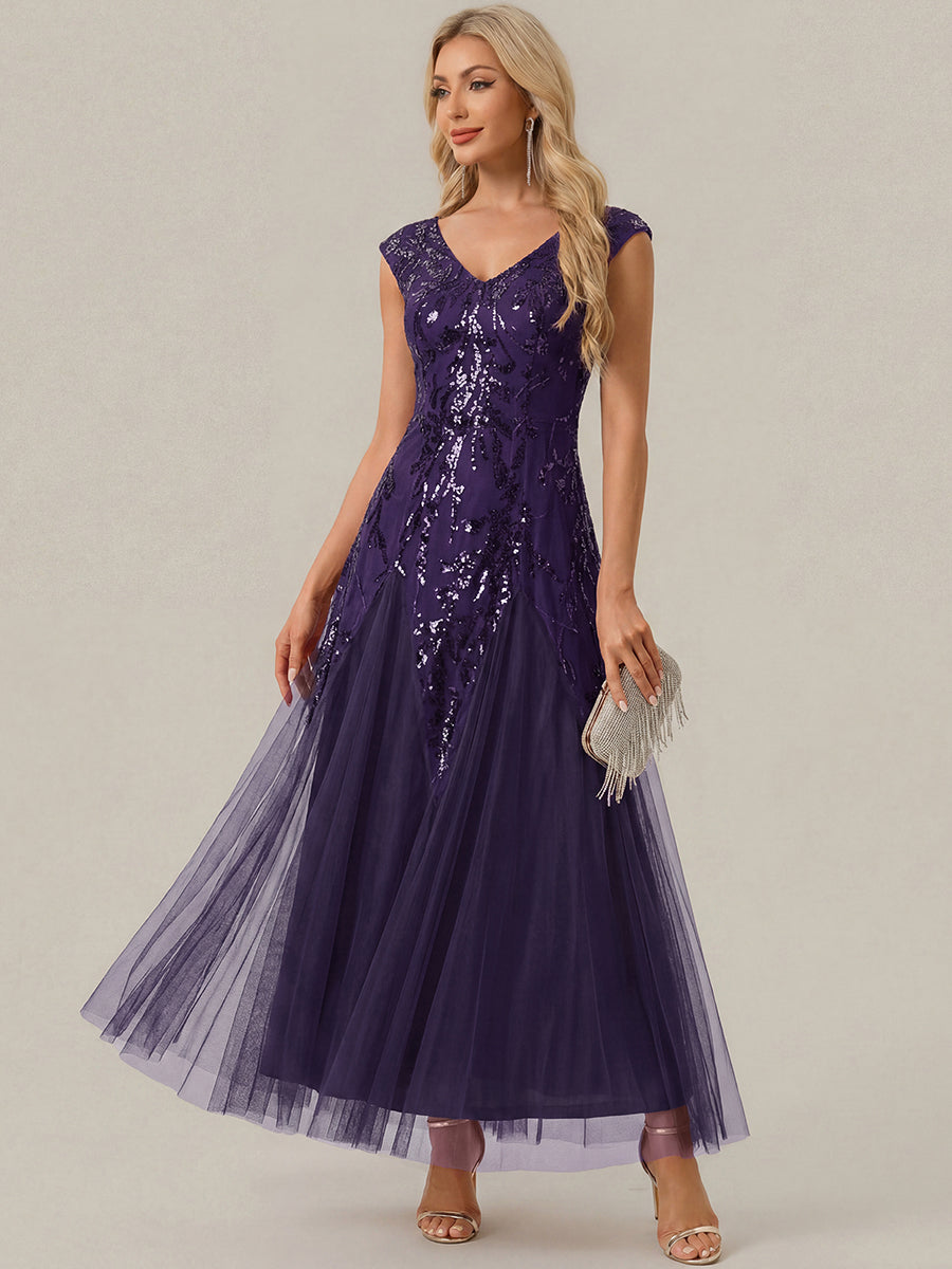 Glitter Embroidered Cap Sleeve High Stretch Mother of the Bride Dress #color_Dark Purple