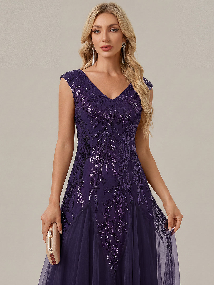 Glitter Embroidered Cap Sleeve High Stretch Mother of the Bride Dress #color_Dark Purple