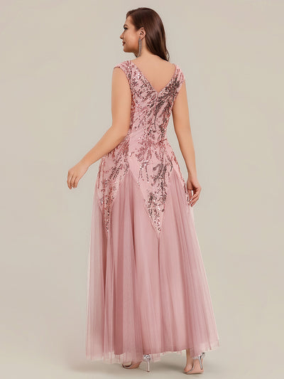 Plus Size Glitter High Stretch Cap Sleeve Tulle Mother of the Bride Dress #color_Dusty Rose