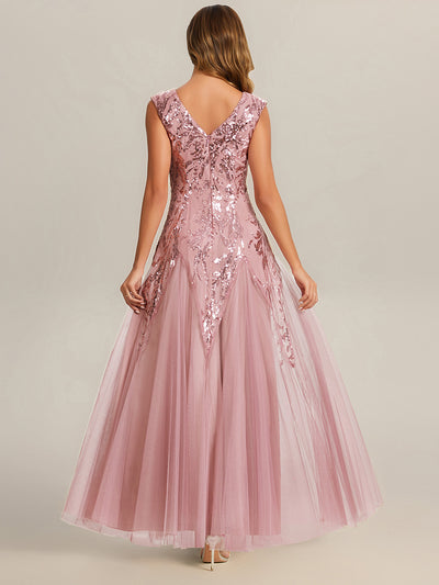 Glitter Embroidered Cap Sleeve High Stretch Mother of the Bride Dress #color_Dusty Rose