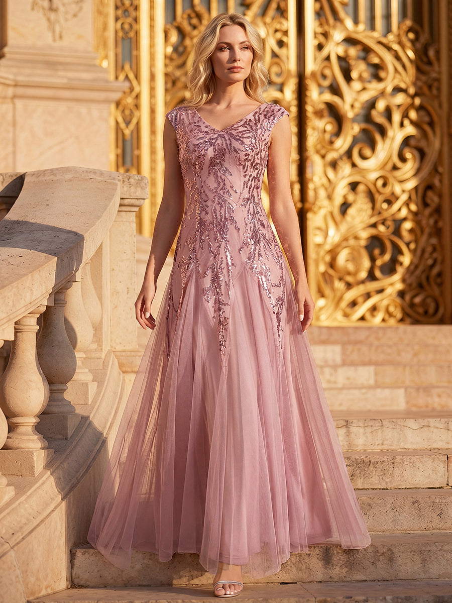 Glitter Embroidered Cap Sleeve High Stretch Mother of the Bride Dress #color_Dusty Rose