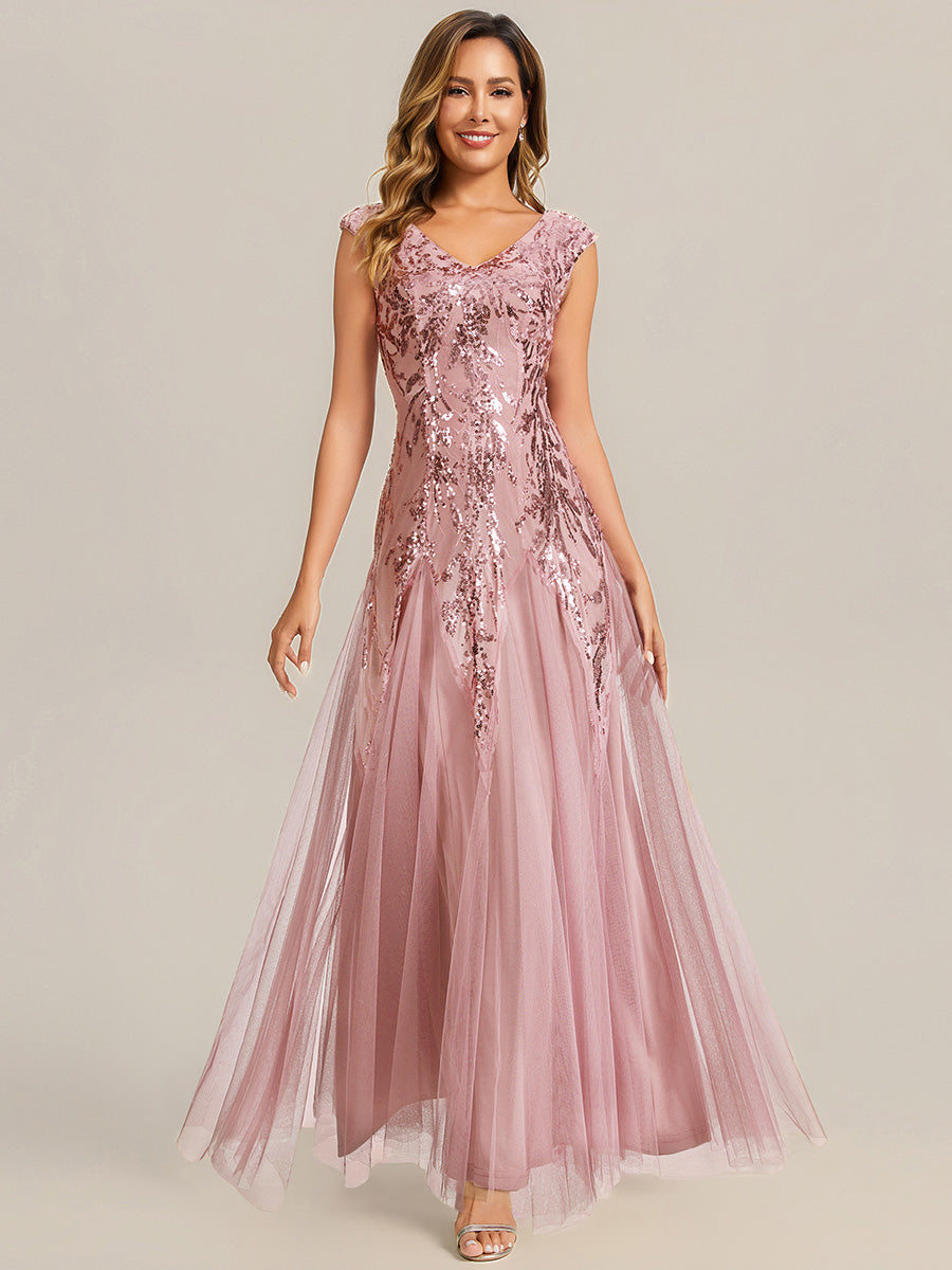 Glitter Embroidered Cap Sleeve High Stretch Mother of the Bride Dress #color_Dusty Rose