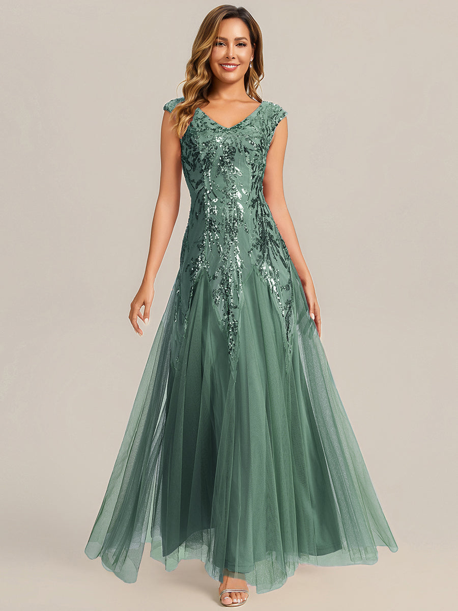 Glitter Embroidered Cap Sleeve High Stretch Mother of the Bride Dress #color_Eucalyptus