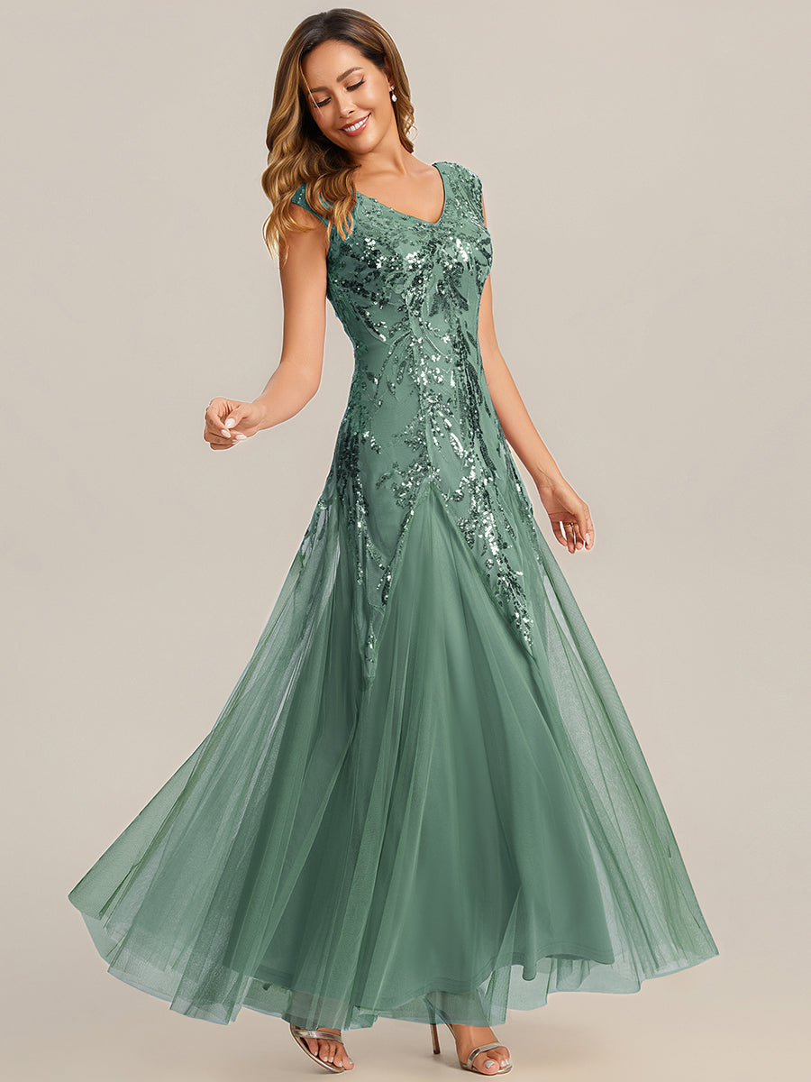 Glitter Embroidered Cap Sleeve High Stretch Mother of the Bride Dress #color_Eucalyptus