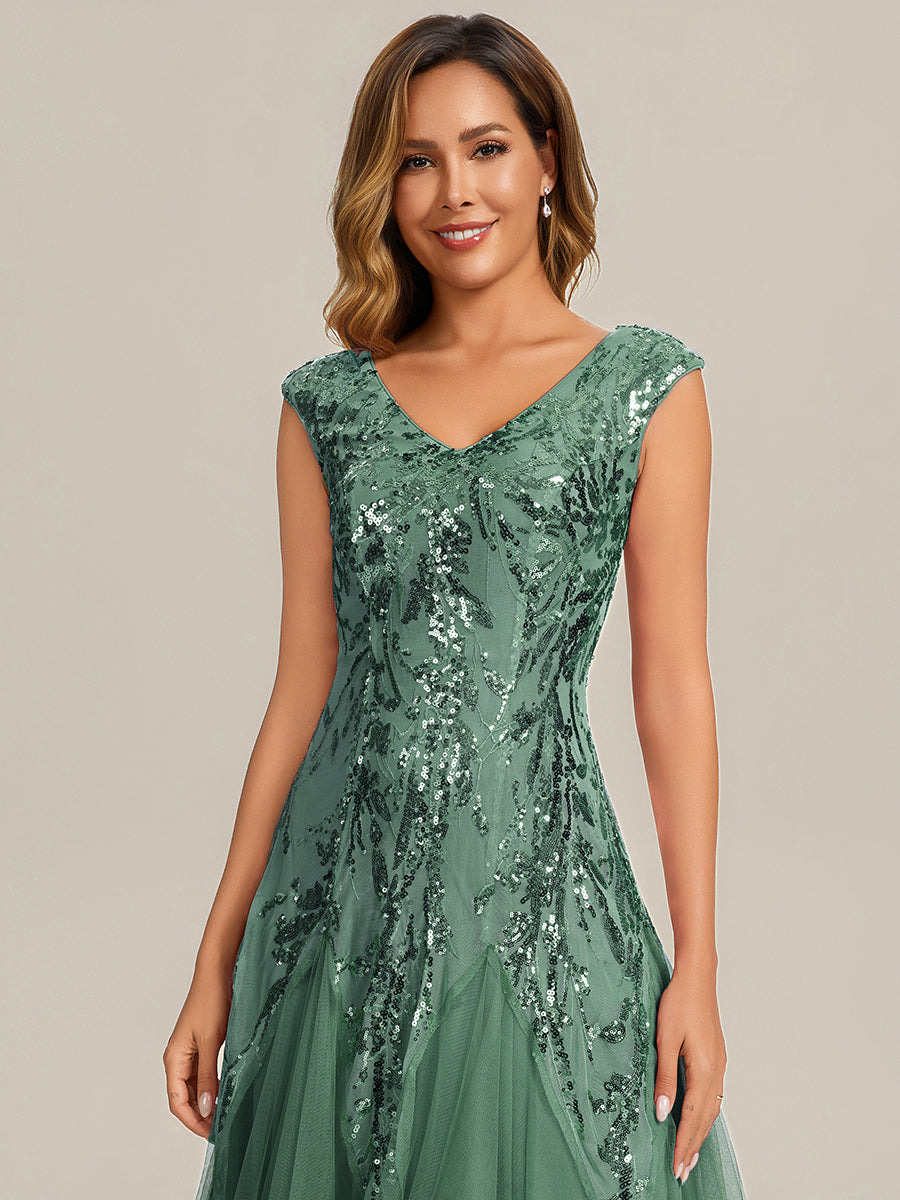 Glitter Embroidered Cap Sleeve High Stretch Mother of the Bride Dress #color_Eucalyptus