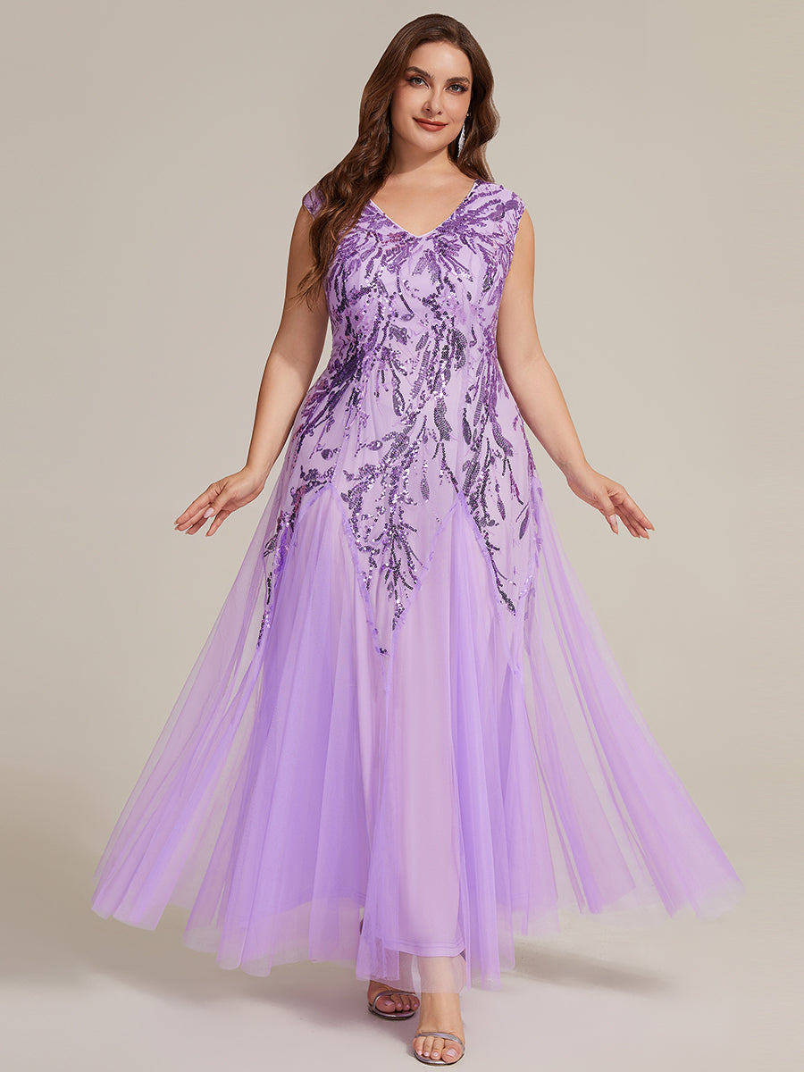 Plus Size Glitter High Stretch Cap Sleeve Tulle Mother of the Bride Dress #color_Frosted Lilac