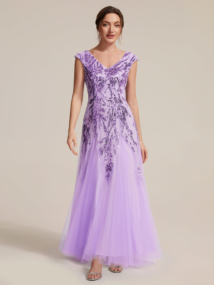 Glitter Embroidered Cap Sleeve High Stretch Mother of the Bride Dress #color_Frosted Lilac